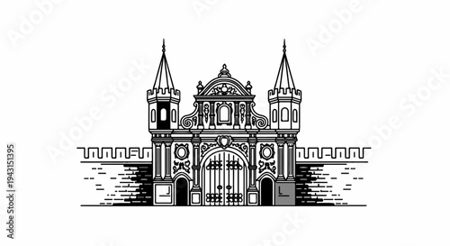 Ornate gateway with towers, decorative facade, and crenellated walls