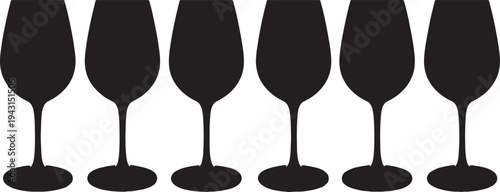 Black Solid Backlit Wine Glasses Silhouettes Set of Six on White Background