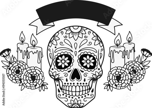 Ornate sugar skull adorned with flowers, candles, and a banner