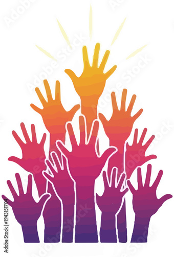 Many hands reaching upwards, one brightly glowing with light