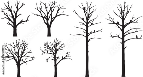 Black Solid Bird Perch Tree Silhouettes Set of Six on White Background