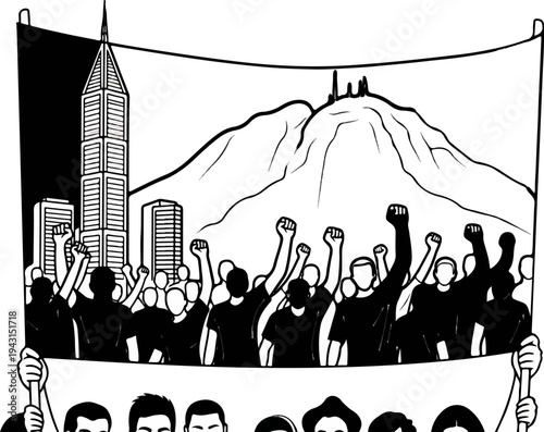 People protest with banner against cityscape and mountain backdrop
