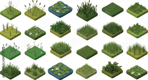 Isometric grass and wetland plants set, meadow vegetation tiles, reeds, lily pads, natural landscape ground elements illustration