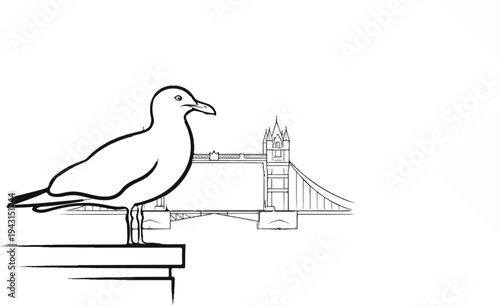 A stylized seagull perches on a ledge with a bridge in the background