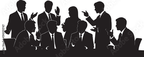 Black Solid Boardroom Debate Silhouettes Set of Six on White Background