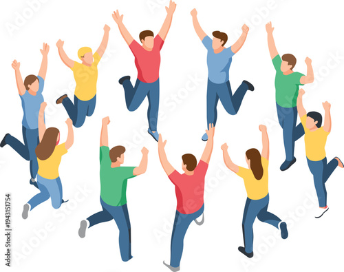 Isometric group of people celebrating success together, teamwork achievement concept with happy jumping team members forming circle illustration