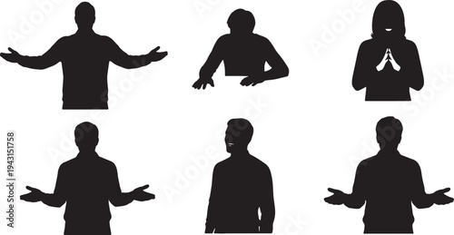Black Solid Body Language Cues in HR Interview Silhouettes Set of Six on White Background