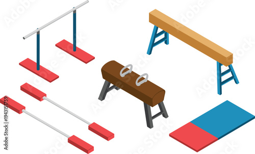 Isometric gymnastics equipment set, balance beam parallel bars pommel horse training mat sports gym apparatus illustration