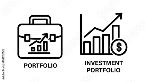 Investment portfolio and growth chart icons: business finance concept icons in black line art, showing a briefcase with graph and a bar chart with rising arrow and dollar sign