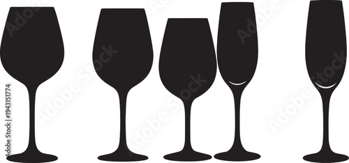 Black Solid Bold Graphic Wine Glasses Silhouettes Set of Six on White Background