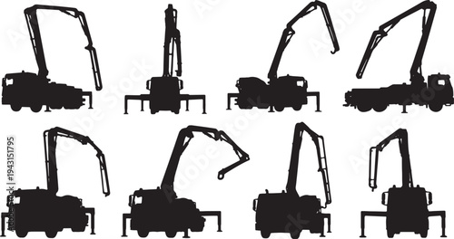 Black Solid Boom Pump Truck Silhouettes Set of Six on White Background