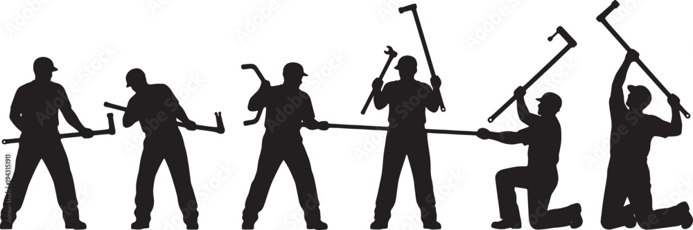 Naklejka premium Black Solid Mechanic Using Breaker Bar Silhouettes Set of Six on White Background