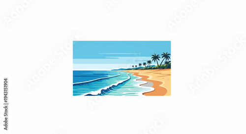 Pixelated tropical beach scene with calm blue waves and palm trees