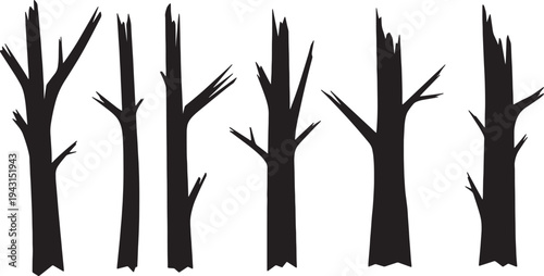 Black Solid Broken Fence Post Tree Silhouettes Set of Six on White Background