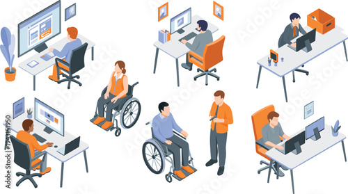 Isometric inclusive office workspace, employees working at computers with wheelchair users collaboration modern corporate workplace diversity illustration