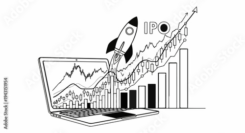 Rocket launch over laptop, bars, and financial charts symbolizes IPO success