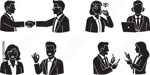 Black Solid Building Rapport in HR Interview Silhouettes Set of Six on White Background