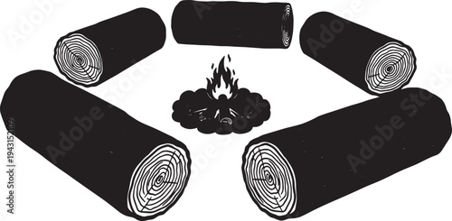 Black Solid Campfire Log Seating Silhouettes Set of Six on White Background