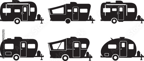 Black Solid Various Camping Trailer Silhouettes Set of Six on White Background