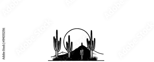 Silhouette of desert landscape with cacti and mountains at sunset