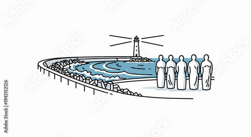 Sculptures stand by the sea near a lighthouse with waves crashing