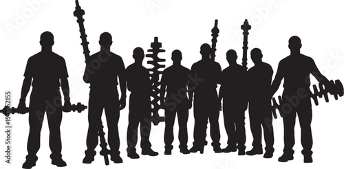 Black Solid Mechanic Holding Shaft Silhouettes Set of Six on White Background