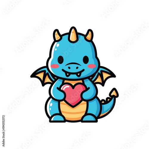 Cute blue dragon cartoon holding a heart.