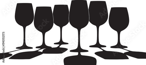 Black Solid Candlelit Setting Wine Glasses Silhouettes Set of Six on White Background