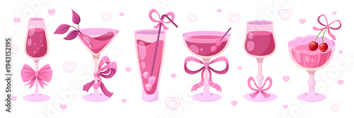 Cocktail glass set with pink bows and ribbons - martini, champagne and wine drinks. Vector illustration for party invitations, valentine celebrations and bachelorette events with cherry accents.