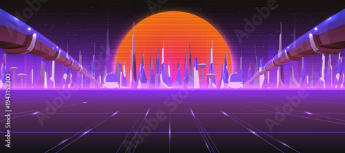 City skyline with neon glow and retro 80s vibes. Futuristic cityscape with large red sun, purple grid and synthwave aesthetics. Vector illustration for vaporwave poster or party flyer design.