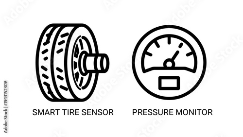 Smart tire sensor and pressure monitor gauge icons - automotive technology