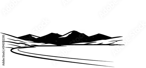 Stylized black and white mountain range with a curving road in the foreground