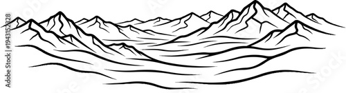 Stylized black and white ink drawing of a vast mountain range