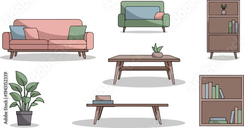 A stylized collection of home furniture and decor items including sofas, tables, and plants