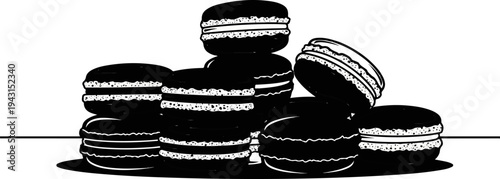 A stylized pile of dark, round cookies with creamy white filling and dotted edges