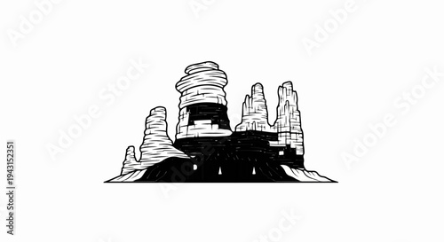 Stylized black and white drawing of layered rock formations in a desert landscape