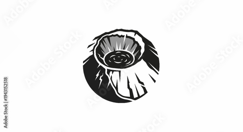 Stylized black and white illustration of a volcano crater from a top-down perspective