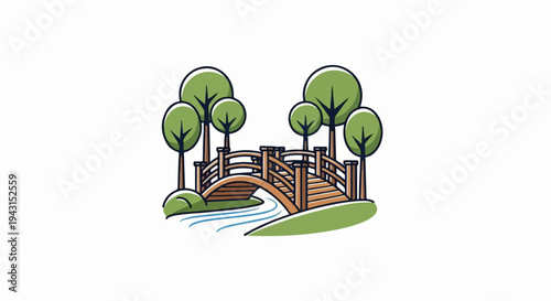 A quaint wooden footbridge arches over a gently flowing stream, surrounded by green trees