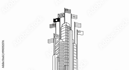 Stylized drawing of a skyscraper with multiple international flags flying