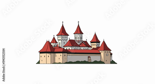 Stylized fortress with red conical roofs, towers, and battlements