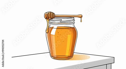 A jar filled with golden honey sits on a white surface with a honey dipper