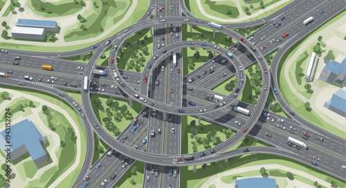 Aerial View of a Complex Highway Interchange with Traffic.