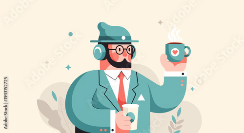 Stylized man in suit, hat, and headphones holds two cups of coffee