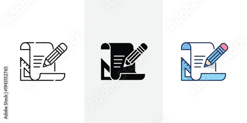 Black outline icons of signed document pen and triangle ruler representing contracts planning and business agreements.