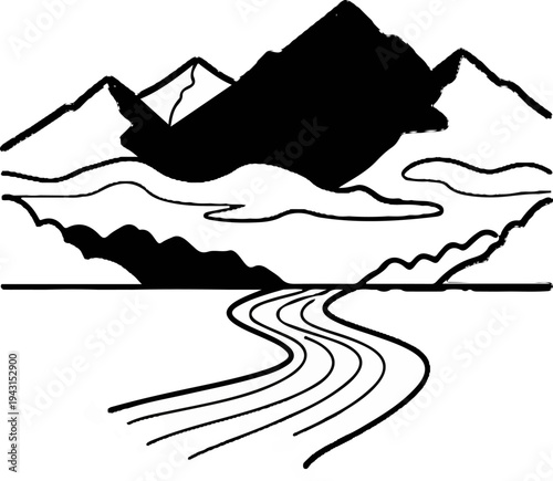 Stylized mountain range with a winding river flowing towards viewer