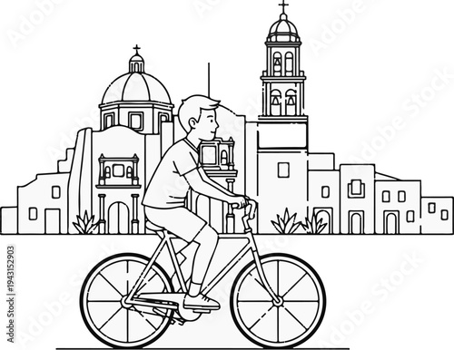 Young person cycles past historic buildings with domed and bell tower structures