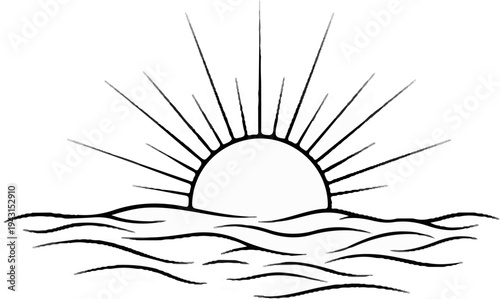 Stylized sun rising over wavy water surface, radiating light rays