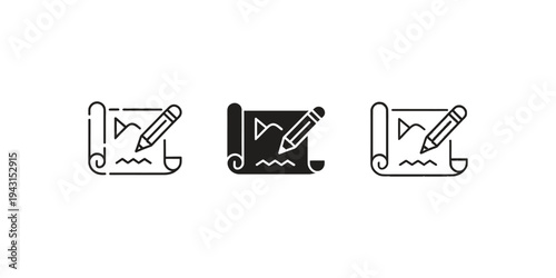 Black outline icons of signed document pen and triangle ruler representing contracts planning and business agreements.
