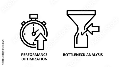 Icons of stopwatch for performance optimization and funnel for bottleneck anaiysis