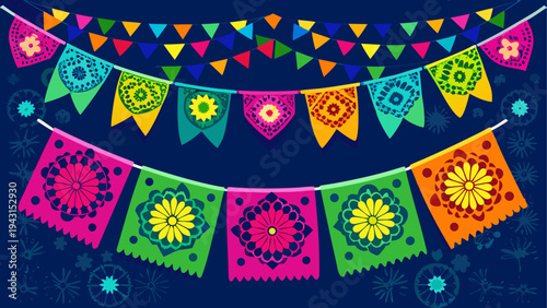 Colorful triangular bunting flags spelling happy birthday